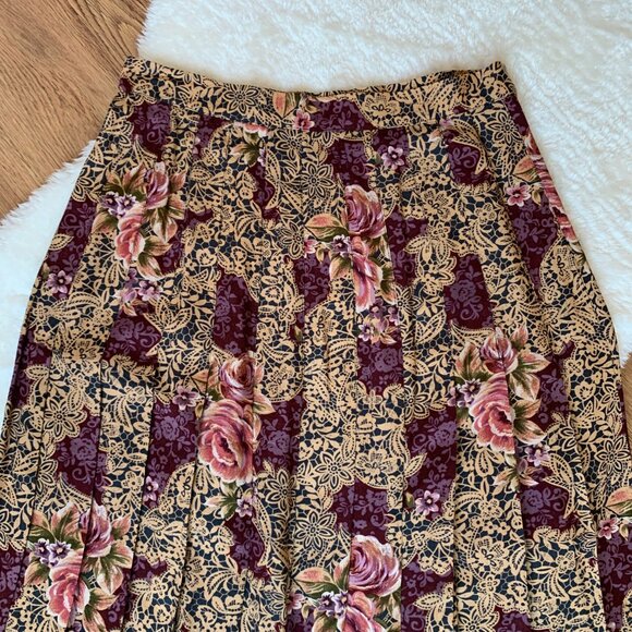 Vintage High Waisted Rose Floral Pleated Midi Skirt, Sz Small - Picture 6 of 9